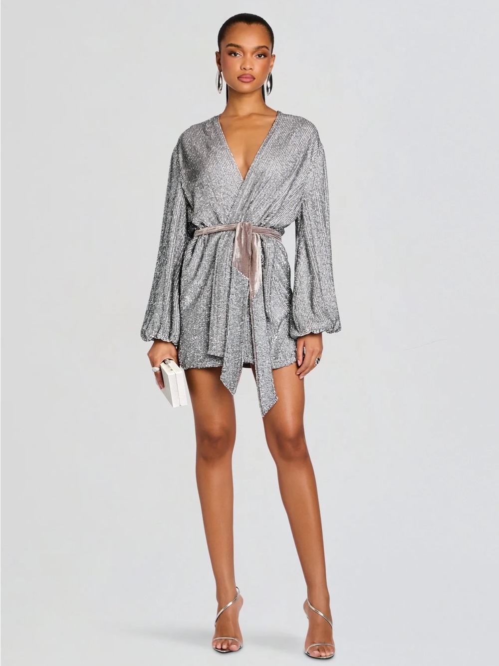 NWT Retrofete Silver Metallic Wrap Dress with Belt